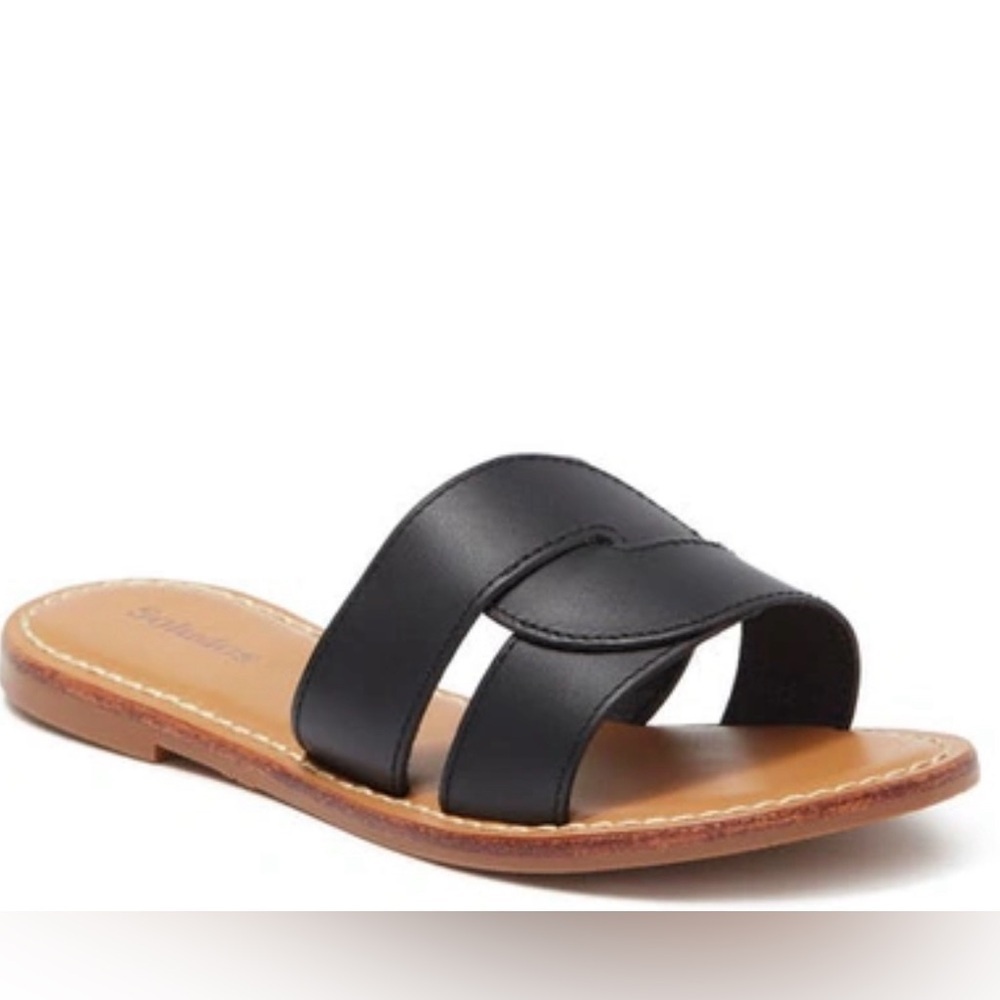 Soludos Shea Interlocking Black Leather Open Toe Slide Sandal Flat Size 6.5